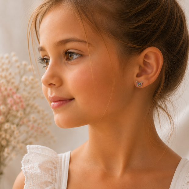 Dainty Silver-Tone Multicolor Pavé Butterfly Stud Earrings