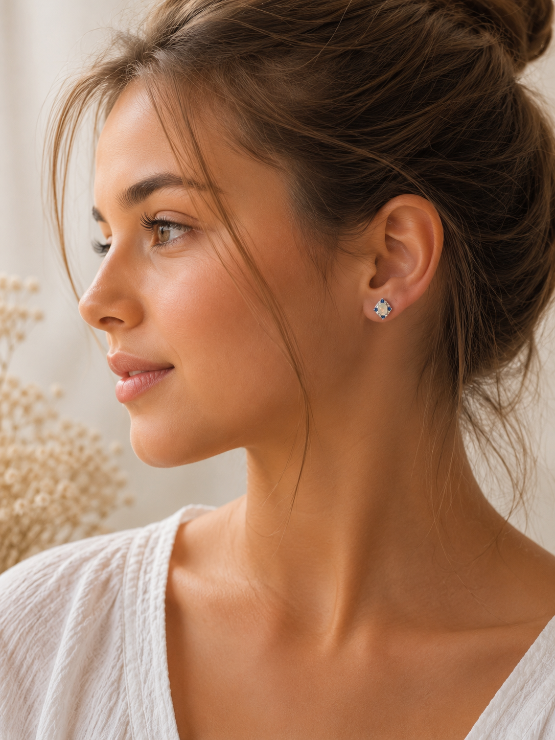 Elegant 1.5cm Stainless Steel Faux Opal & Blue Crystal Stud Earrings