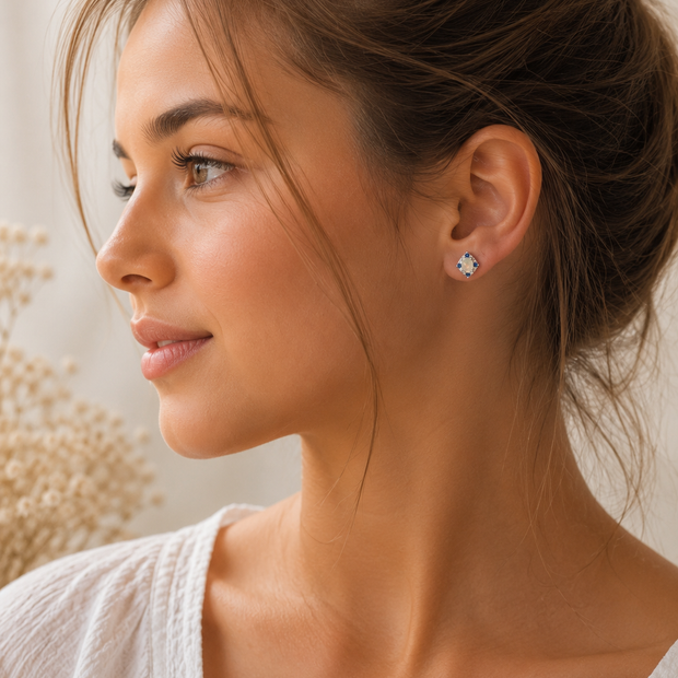 Elegant 1.5cm Stainless Steel Faux Opal & Blue Crystal Stud Earrings