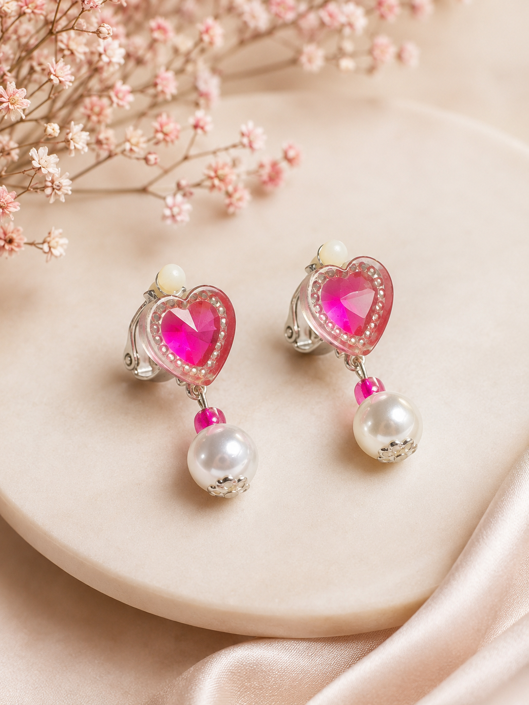 Romantic Pink Heart Crystal & Pearl Clip-On Drop Earrings
