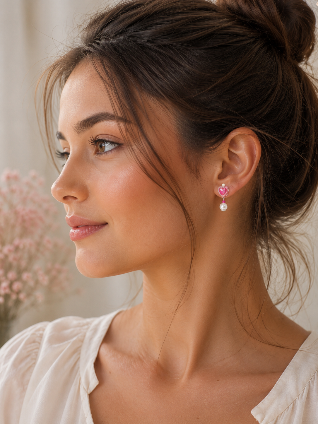 Romantic Pink Heart Crystal & Pearl Clip-On Drop Earrings