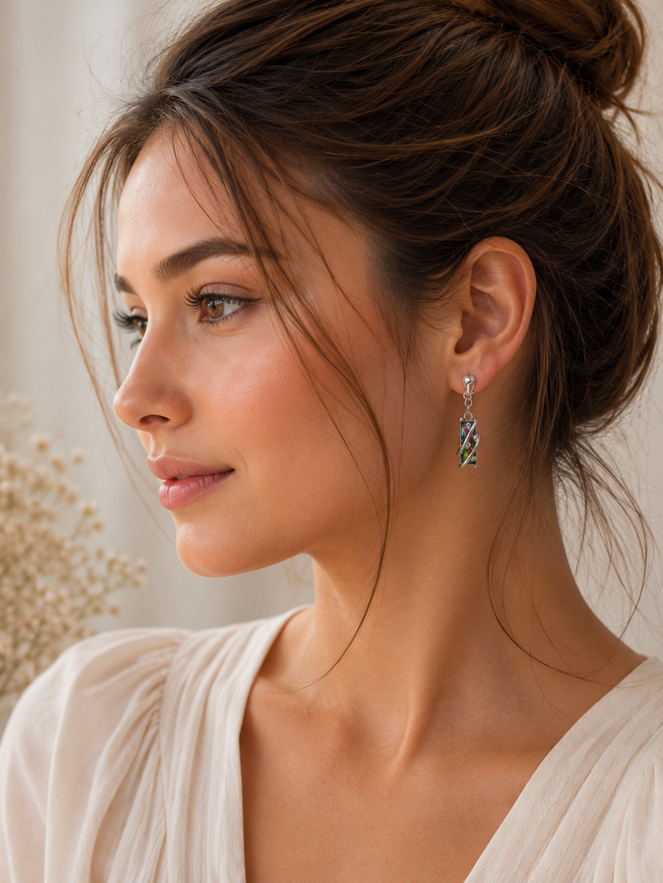 Elegant Silver-Tone Iridescent Geometric Clip-On Drop Earrings