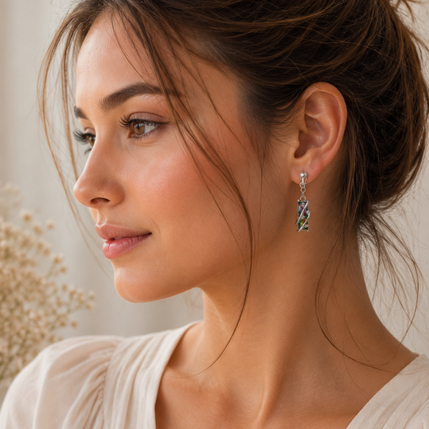 Elegant Silver-Tone Iridescent Geometric Clip-On Drop Earrings