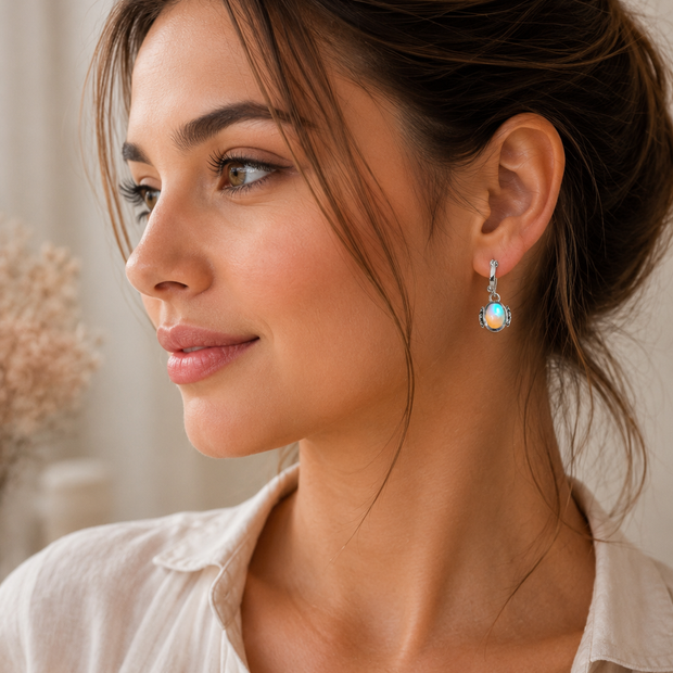 Elegant Silver-Tone Oval Faux Opal Clip-On Drop Earrings