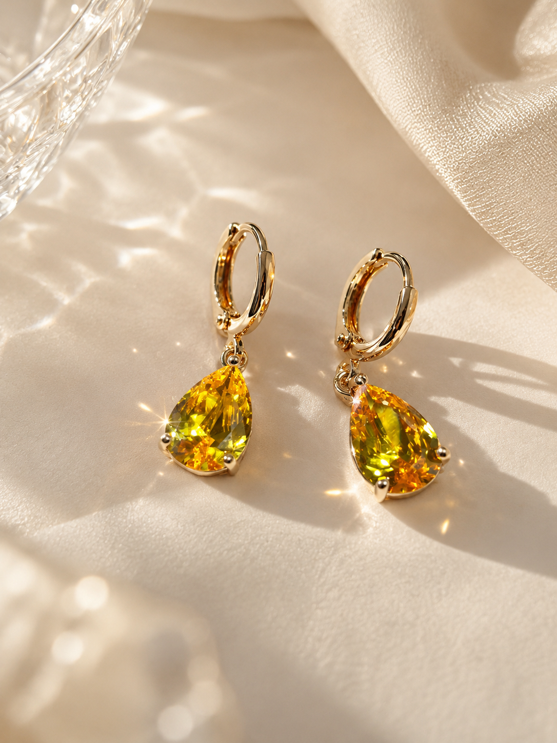 Elegant 18K Gold-Plated Yellow Zirconia Teardrop Dangle Earrings