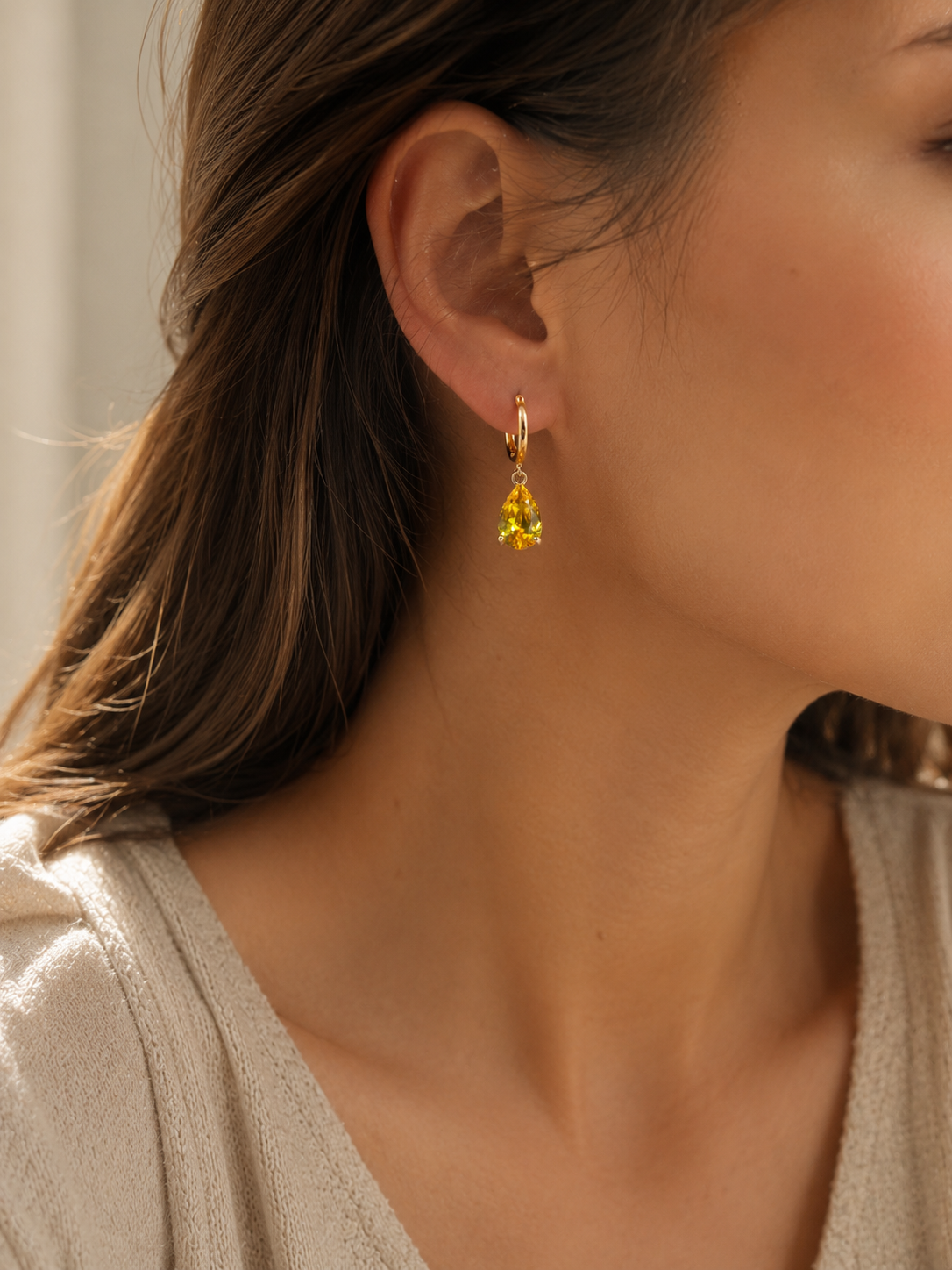 Elegant 18K Gold-Plated Yellow Zirconia Teardrop Dangle Earrings
