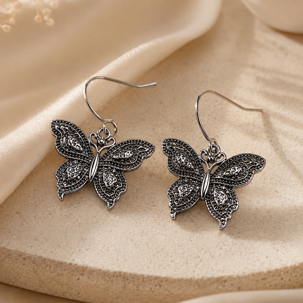 Elegant 2.5cm Silver-Tone Filigree Butterfly Drop Earrings