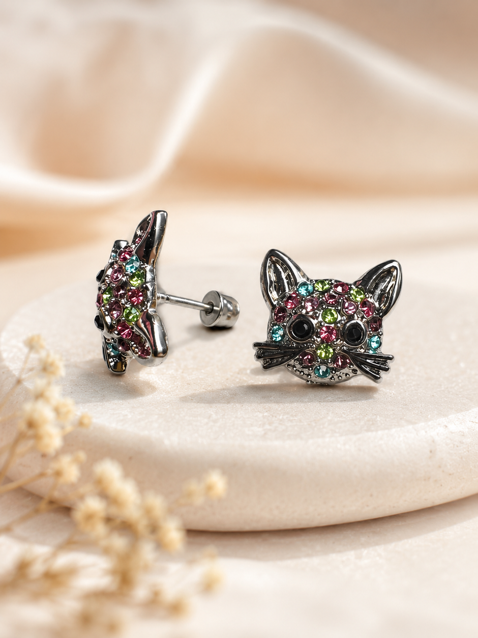 Playful Silver-Tone Multicolor Rhinestone Cat & Rabbit Mismatched Stud Earrings