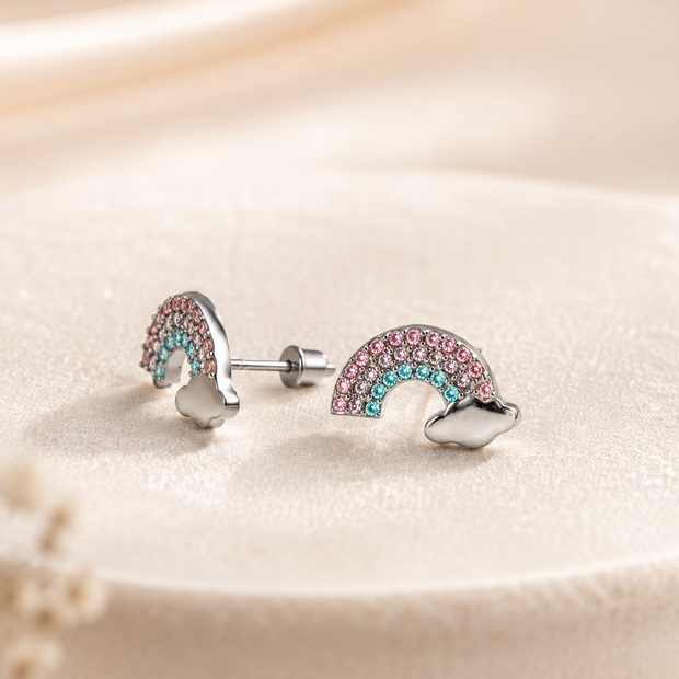 Sparkly 1.5cm Silver-Tone Rhinestone Rainbow & Cloud Stud Earrings