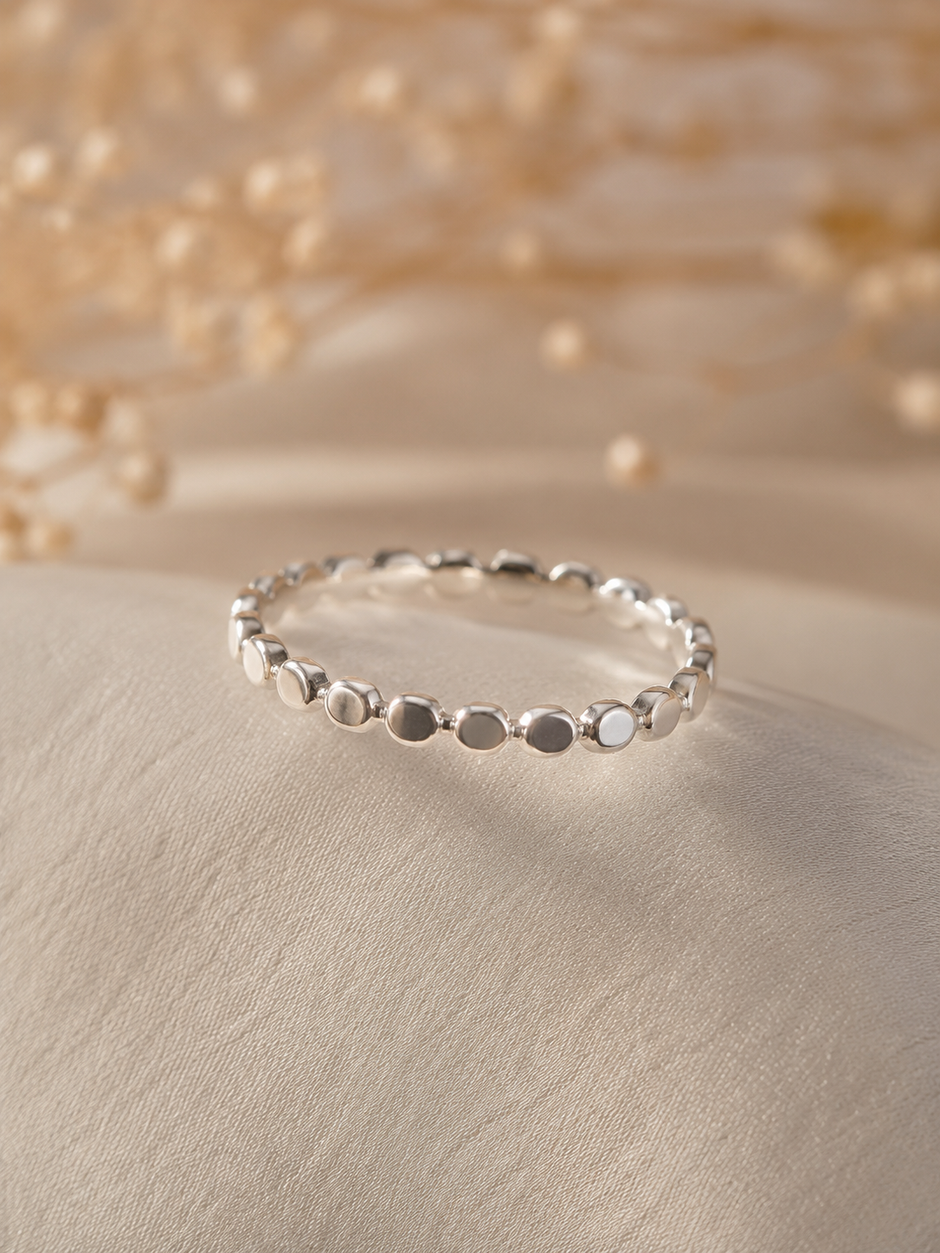 Minimalist Silver-Tone Stainless Steel Beaded Disc Ring