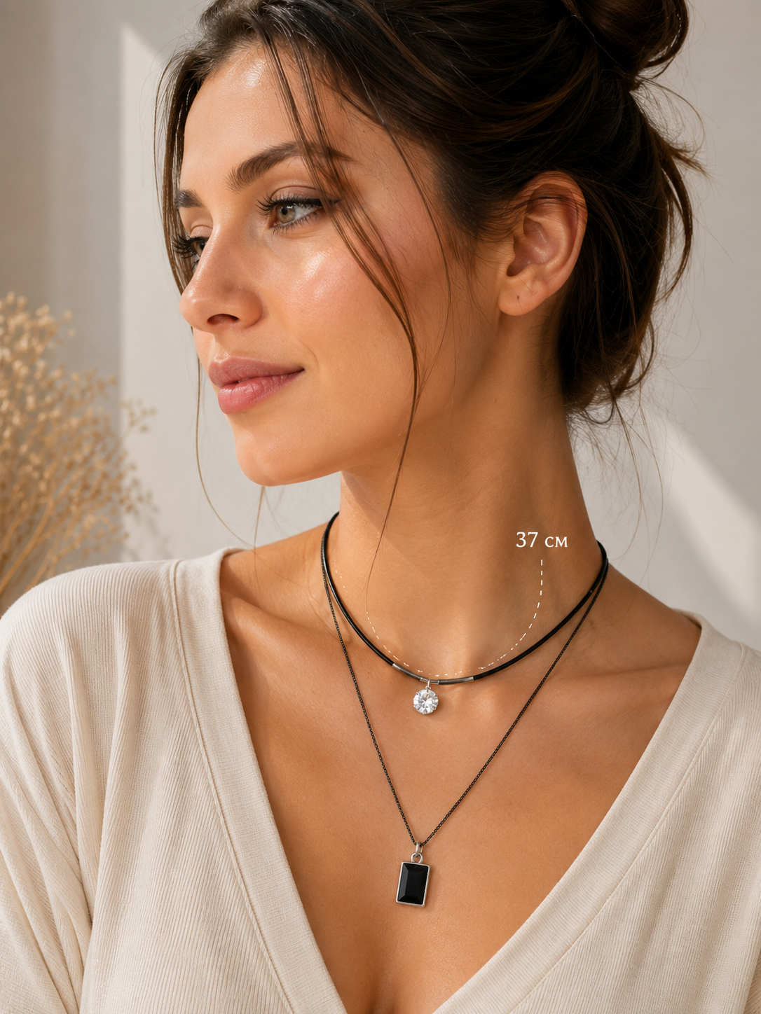 Elegant Double-Layered Black Geometric Gemstone Pendant Necklace