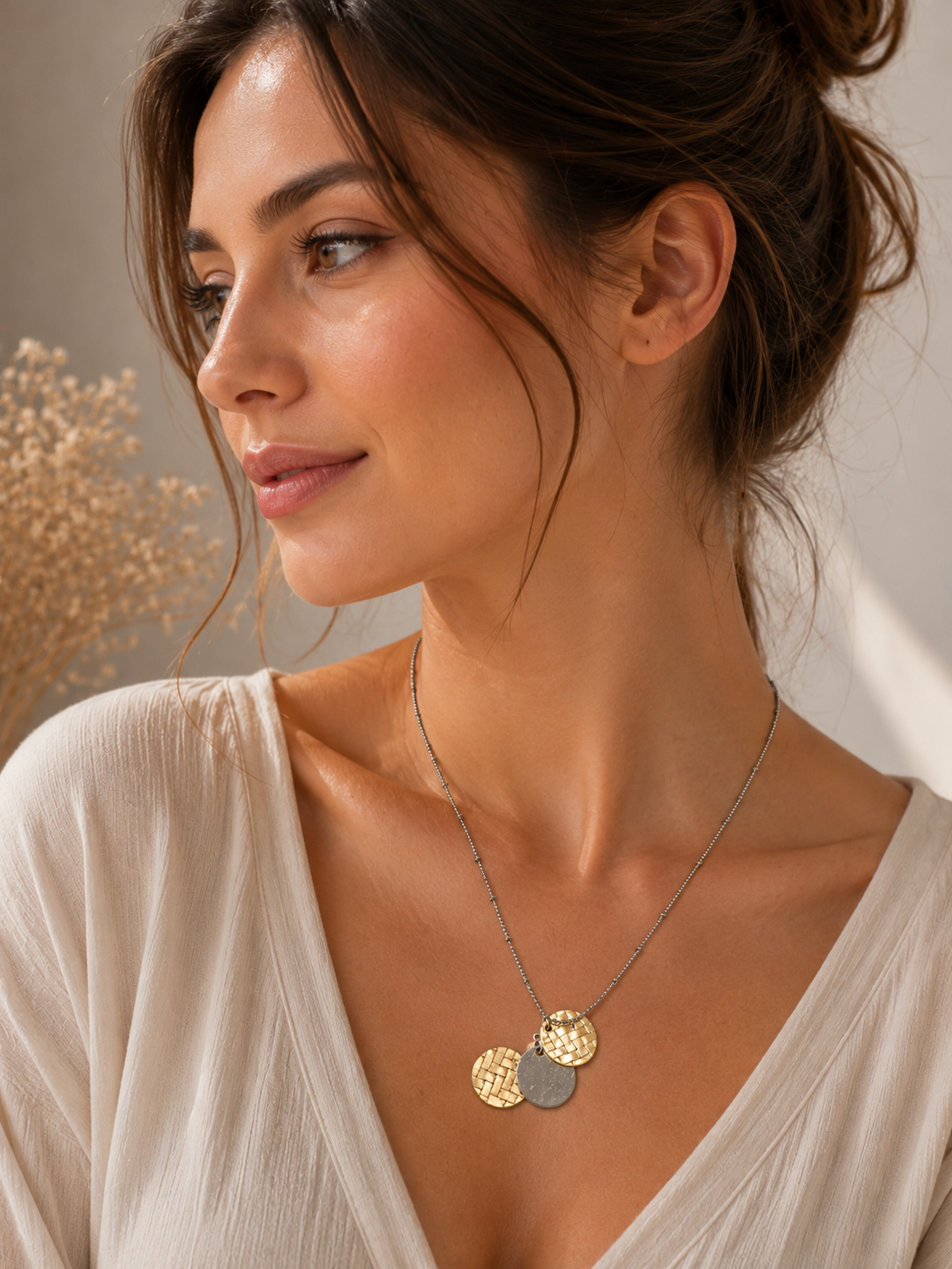 Modern Mixed-Metal Triple Disc Pendant Necklace