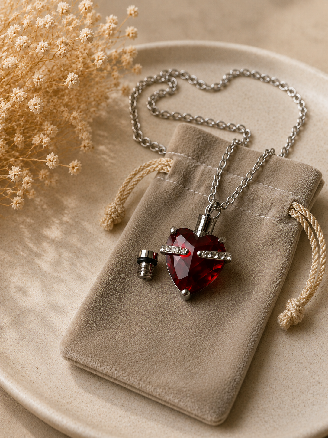 Elegant Deep Red Heart Keepsake Memorial Urn Necklace