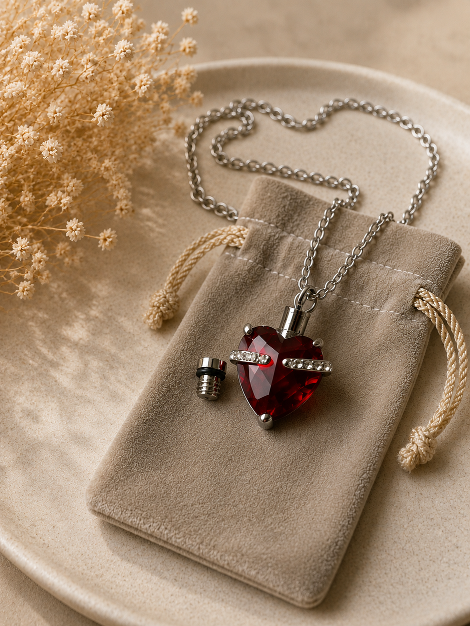 Elegant Deep Red Heart Keepsake Memorial Urn Necklace