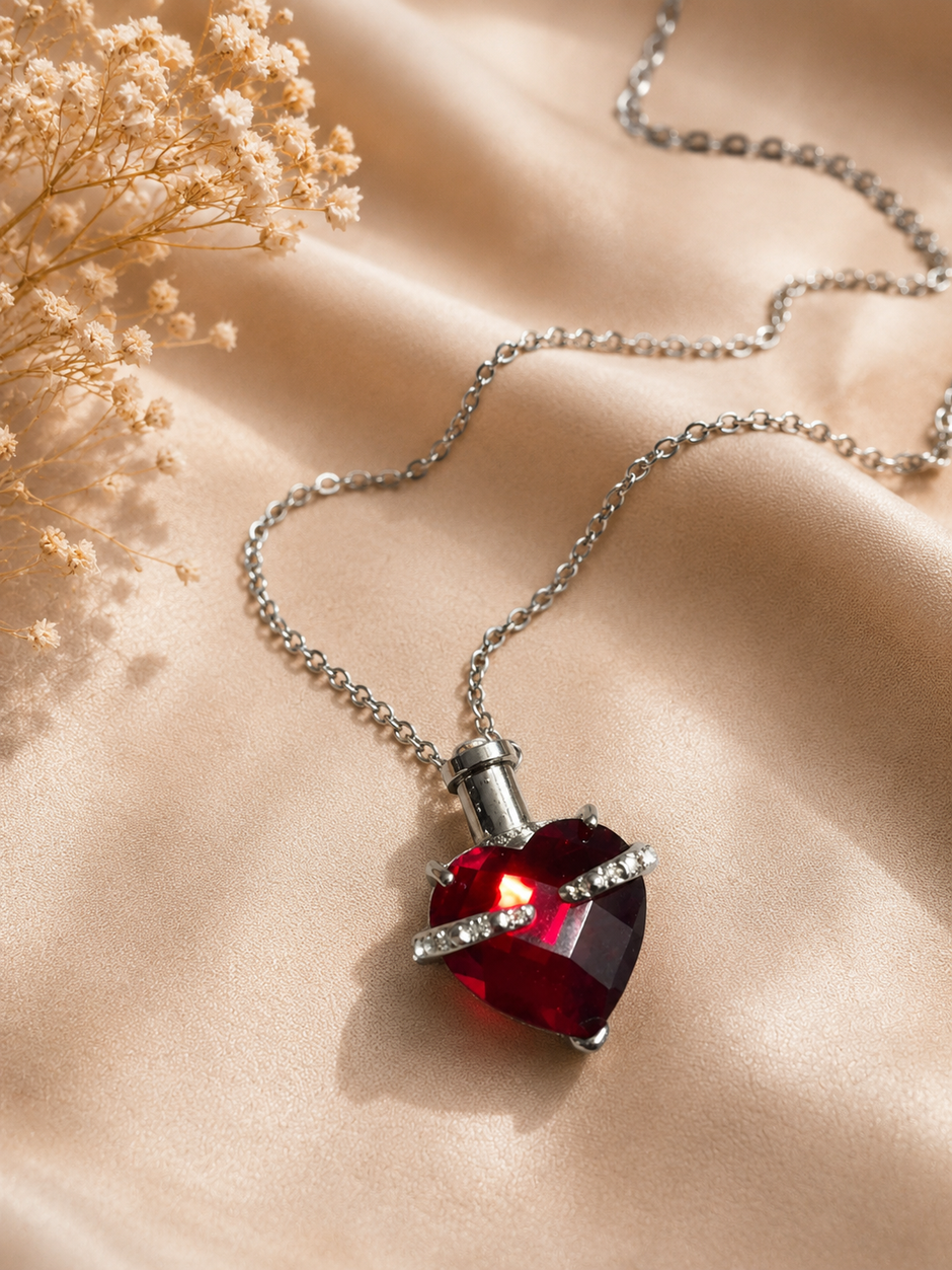 Elegant Deep Red Heart Keepsake Memorial Urn Necklace
