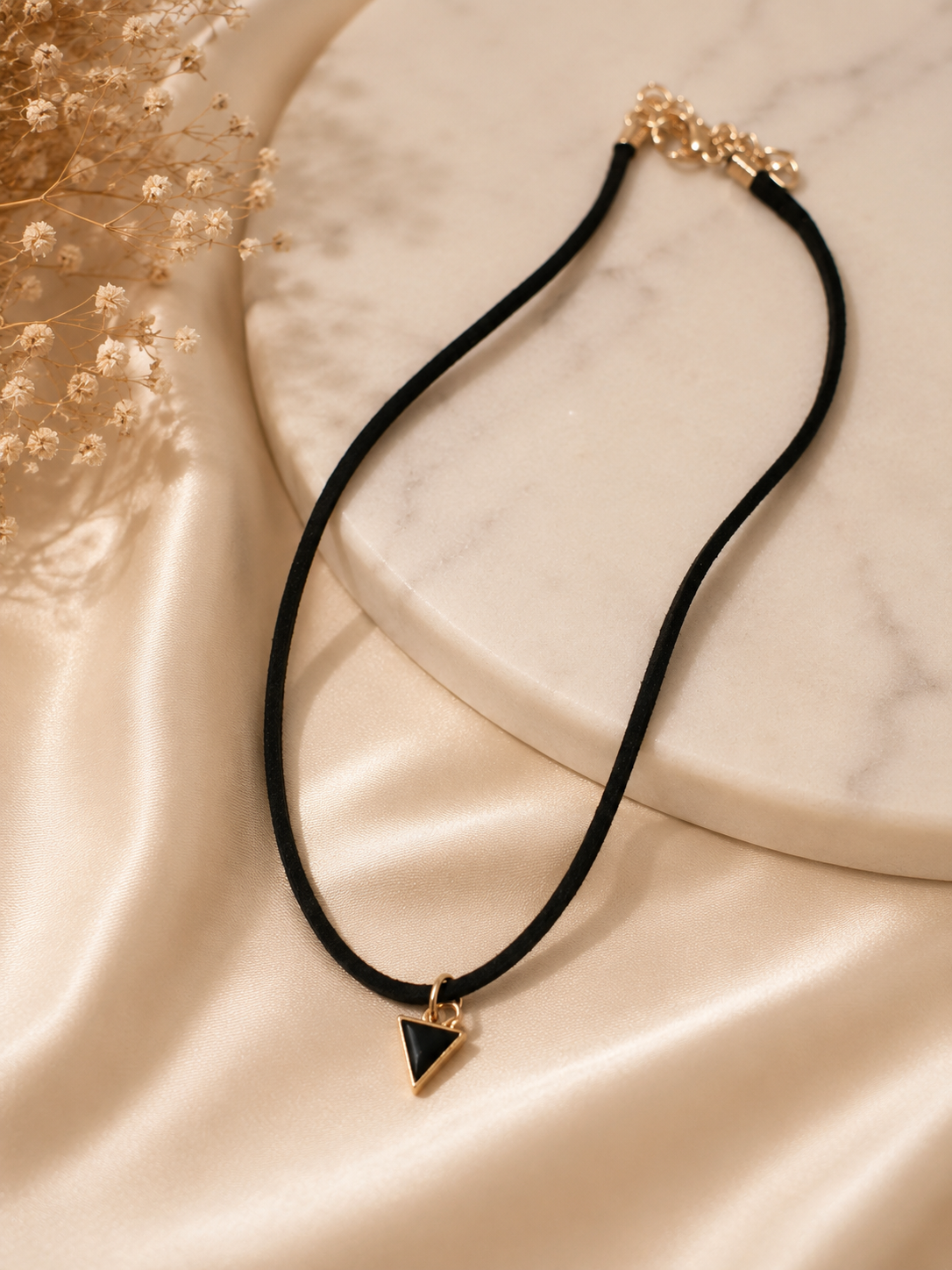 Minimalist Triangle Pendant Choker – Black Cord Geometric Necklace