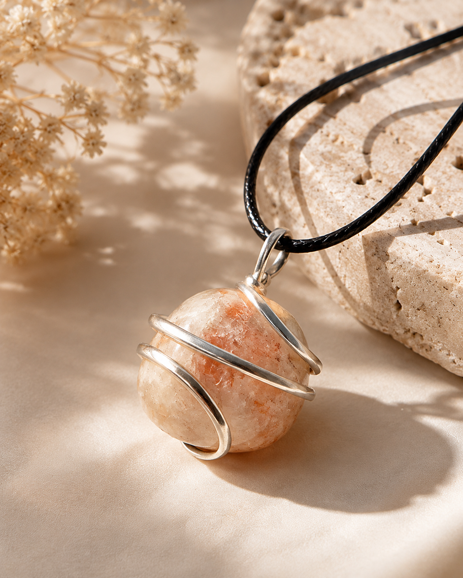 A spherical peach-colored crystal pendant wrapped in silver-toned wire, hanging from a black cord necklace, styled on a beige surface with dried flowers and a stone prop.
