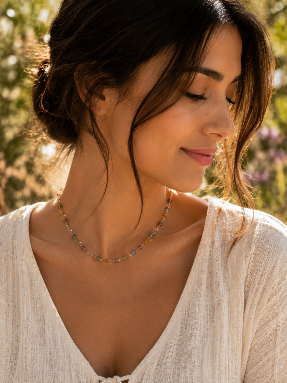 Colorful Cubic Bead Summer Choker – Dainty Gold-Tone Boho Necklace (35+5cm)
