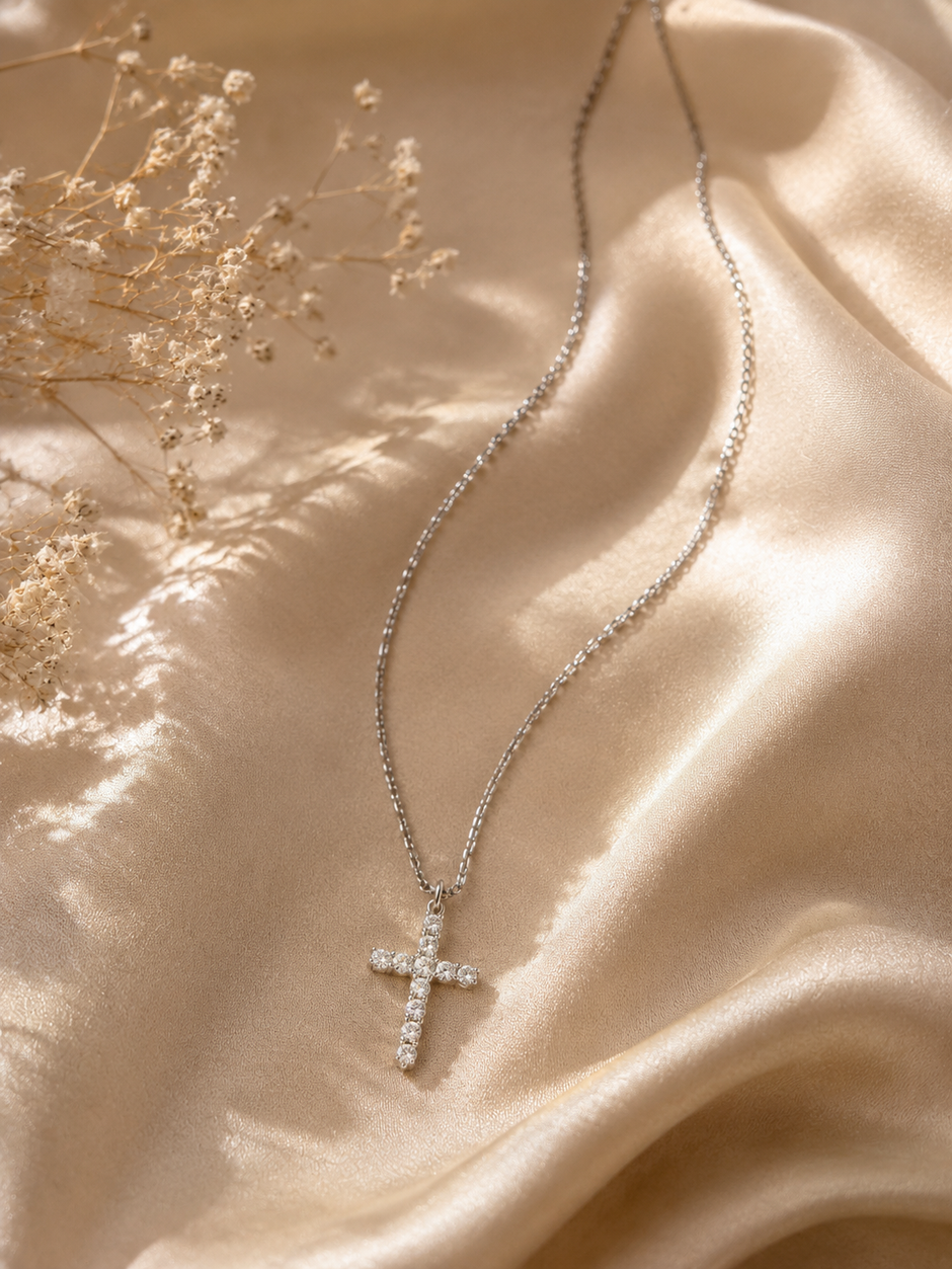14K White Gold Plated Cross Necklace – AAAAA Cubic Zirconia Pendant