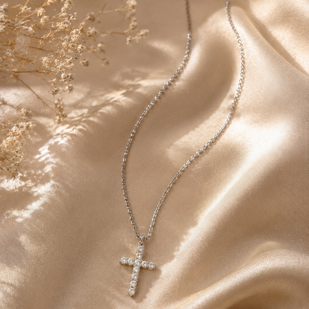 14K White Gold Plated Cross Necklace – AAAAA Cubic Zirconia Pendant