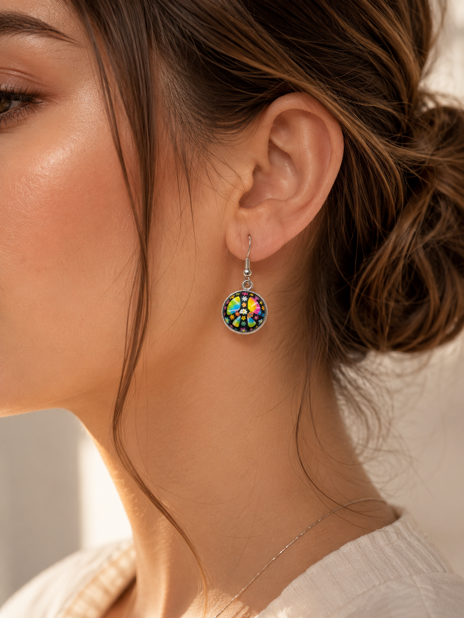 Retro Floral Peace Sign Drop Earrings – Colorful Boho Dangle Hooks (2.3cm)