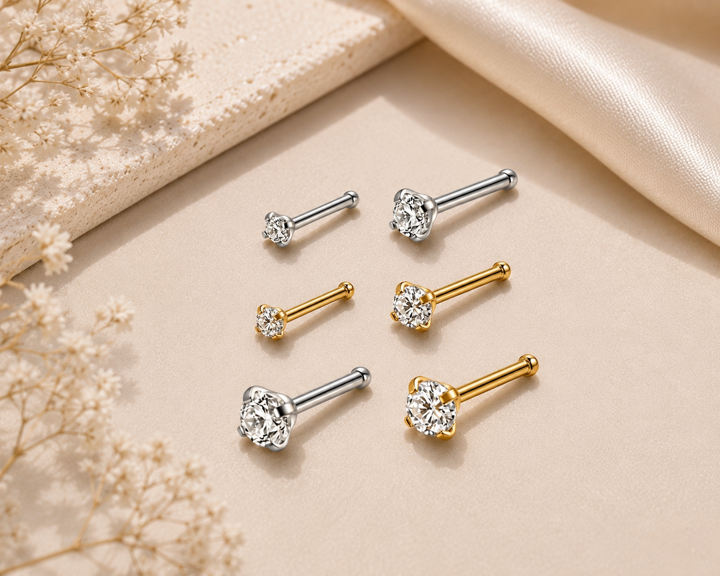 Six stud earrings arranged on a beige surface with decorative dried flowers and satin fabric. The earrings include silver and gold posts with clear gemstones in round and square settings.