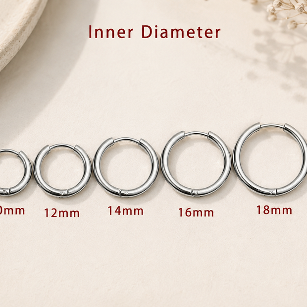 Seven silver-toned ring ear cuffs shown in ascending size, labeled with inner diameters 8mm, 10mm, 12mm, 14mm, 16mm, 18mm, and 20mm on a light beige background with decorative dried flowers and a curved stone edge.