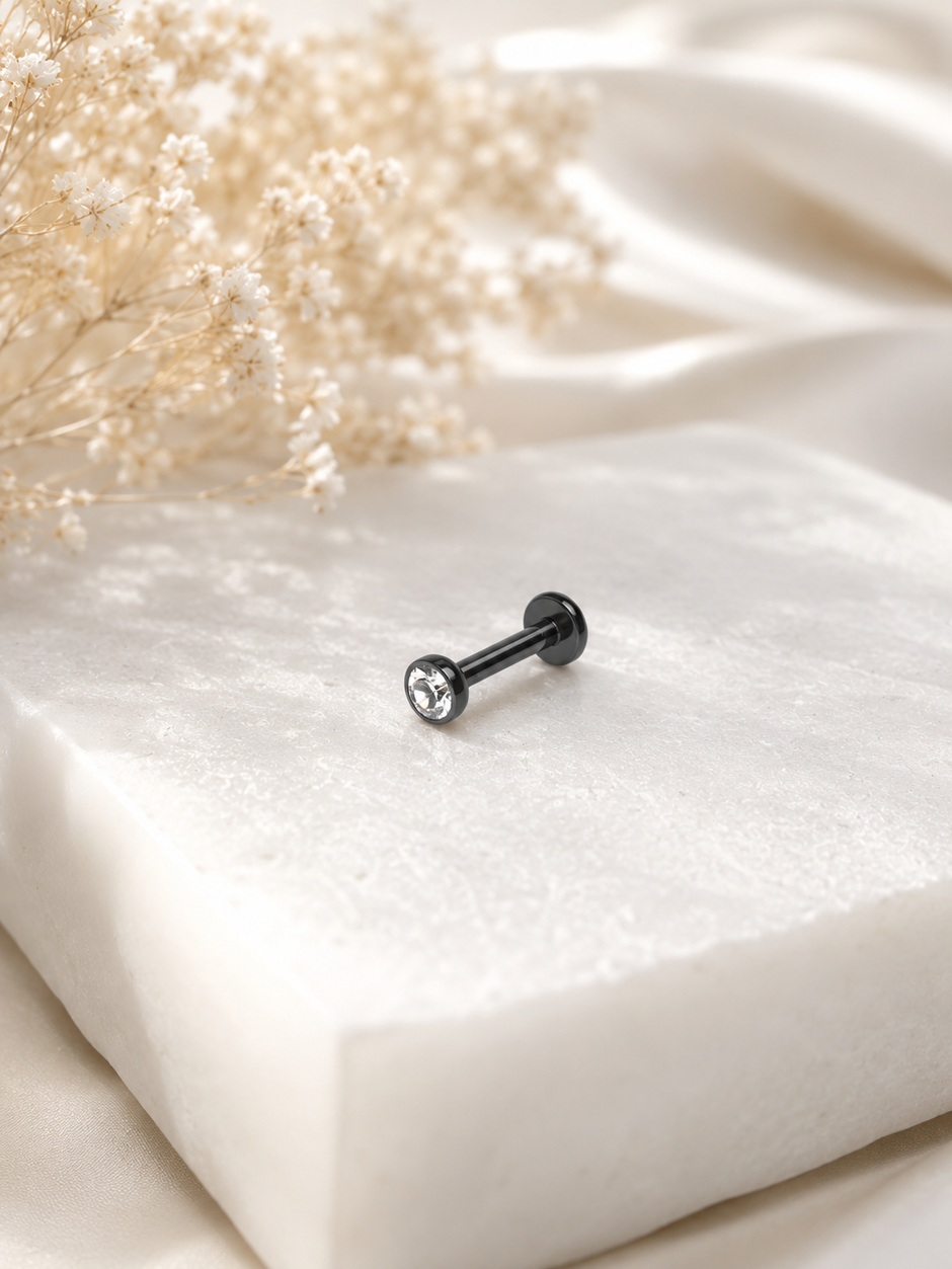 16G Black Surgical Steel Labret Stud – Colorful CZ Flat Back Piercing