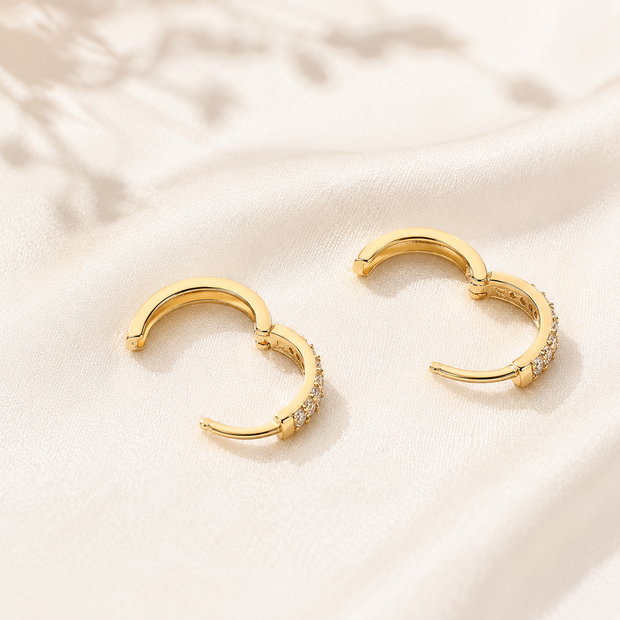 18K Gold Plated Pavé Huggie Hoop Earrings – 10mm Cubic Zirconia Hoops