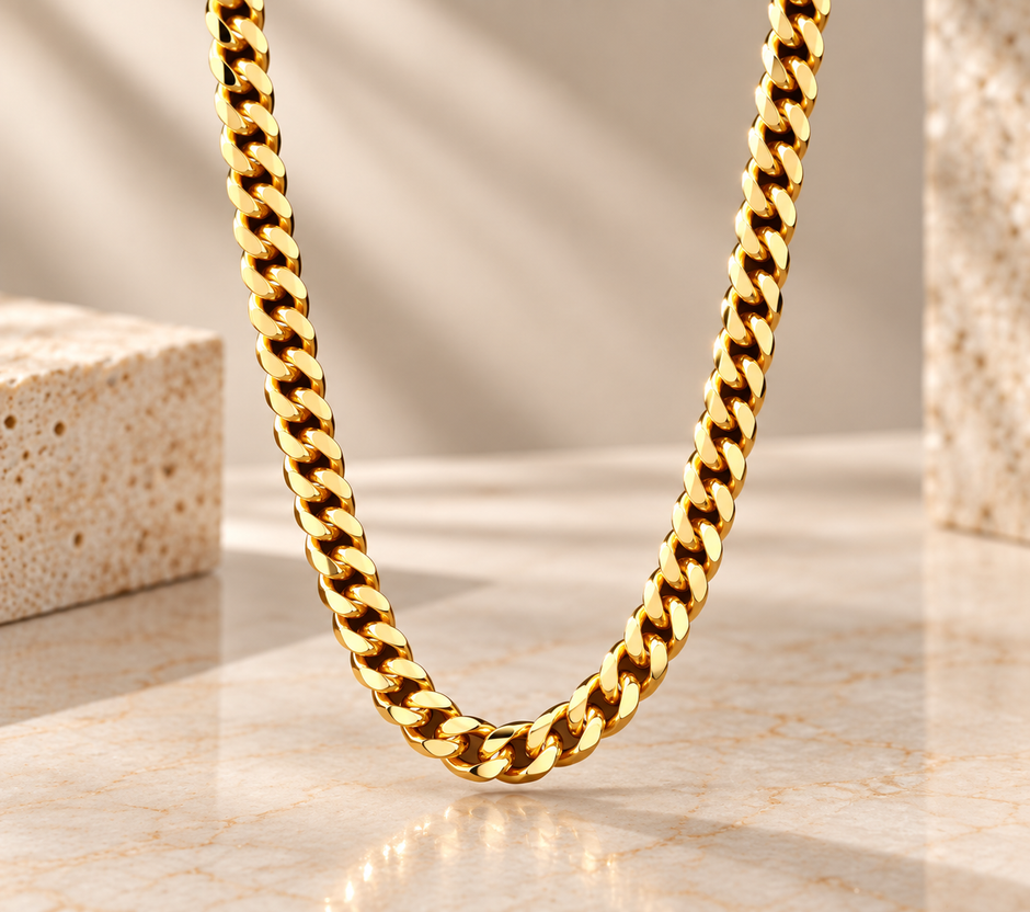 A close-up of a thick gold Cuban link chain necklace draped over a light marble surface, with a warm beige background and decorative stone blocks on either side.