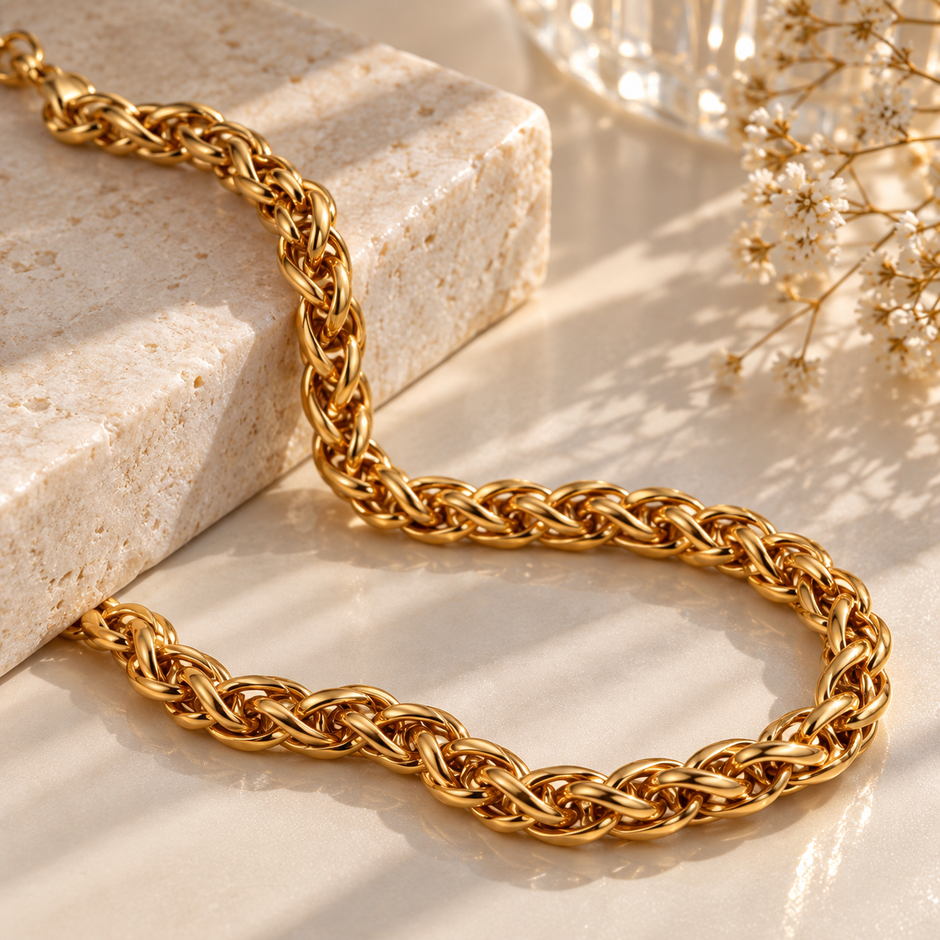 Chunky Braided Wheat Franco Chain Necklace – 18K Gold Finish Stainless Steel (7 mm / 60 cm / 24