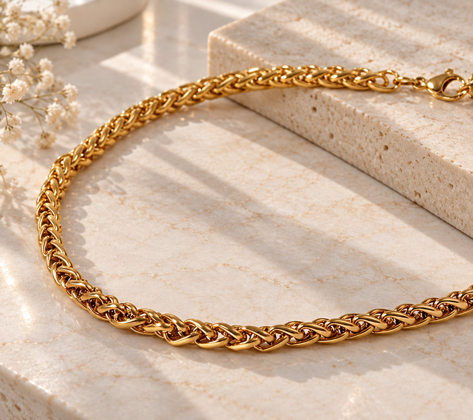 Chunky Braided Wheat Franco Chain Necklace – 18K Gold Finish Stainless Steel (7 mm / 60 cm / 24