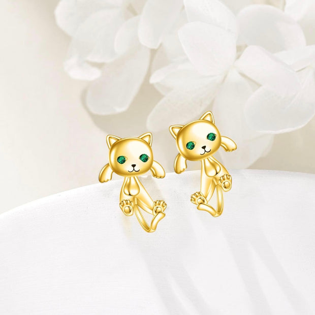 925 Sterling Silver Gold Plated Cute Cat Stud Earrings for Women