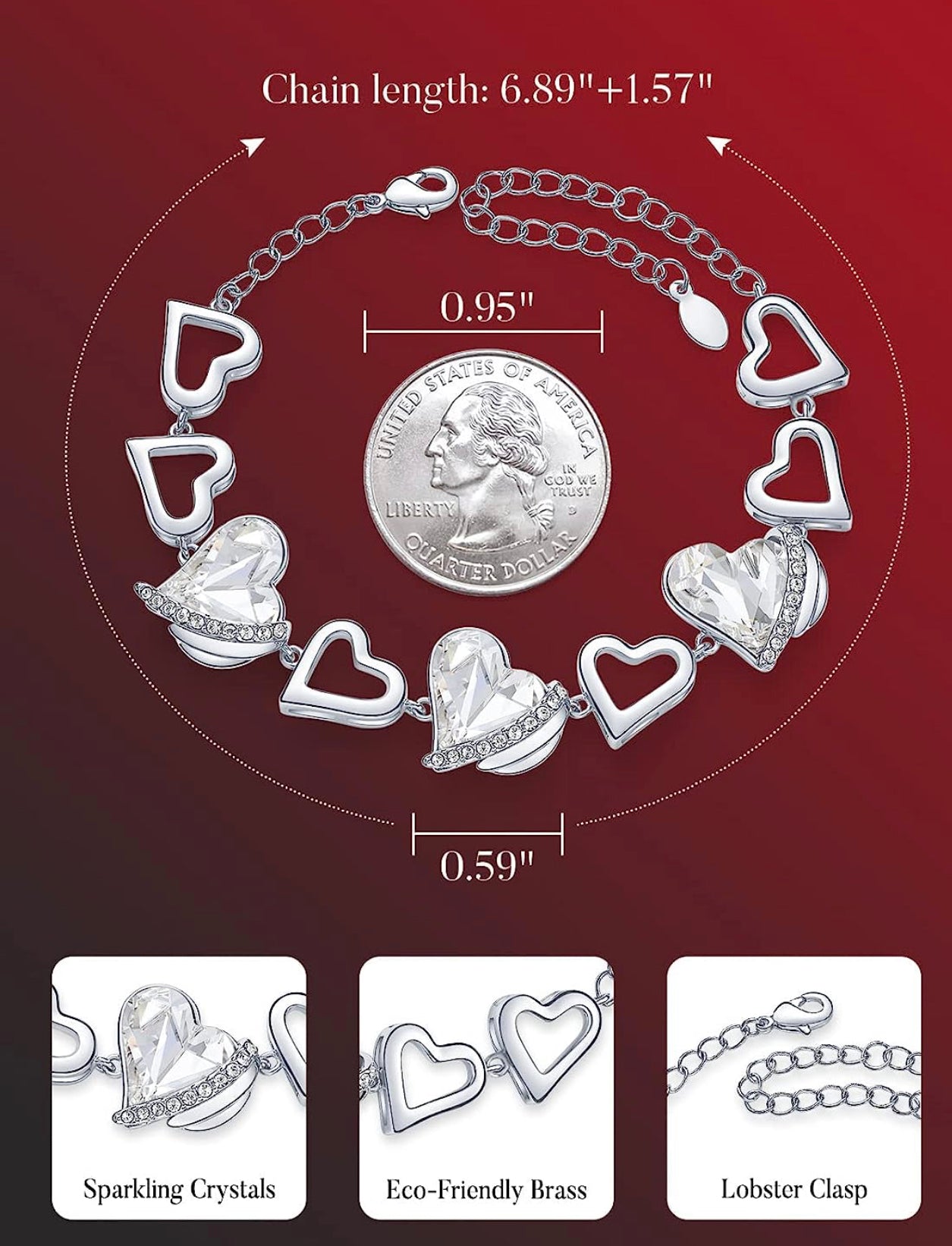 Romantic Crystal Heart Link Bracelet – Adjustable