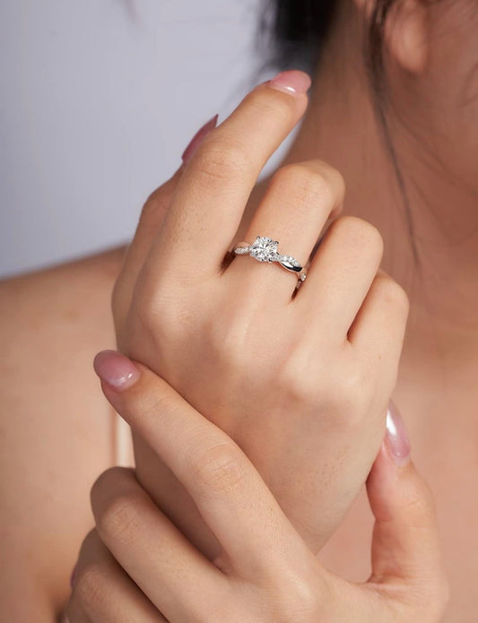 Moissanite Twisted Vine Pavé Engagement Ring with Side Heart for Women in White Gold