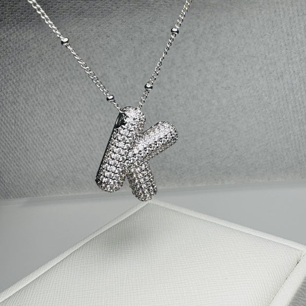 Sparkling Cubic Zirconia Bubble Letter Necklace in Silver Plating