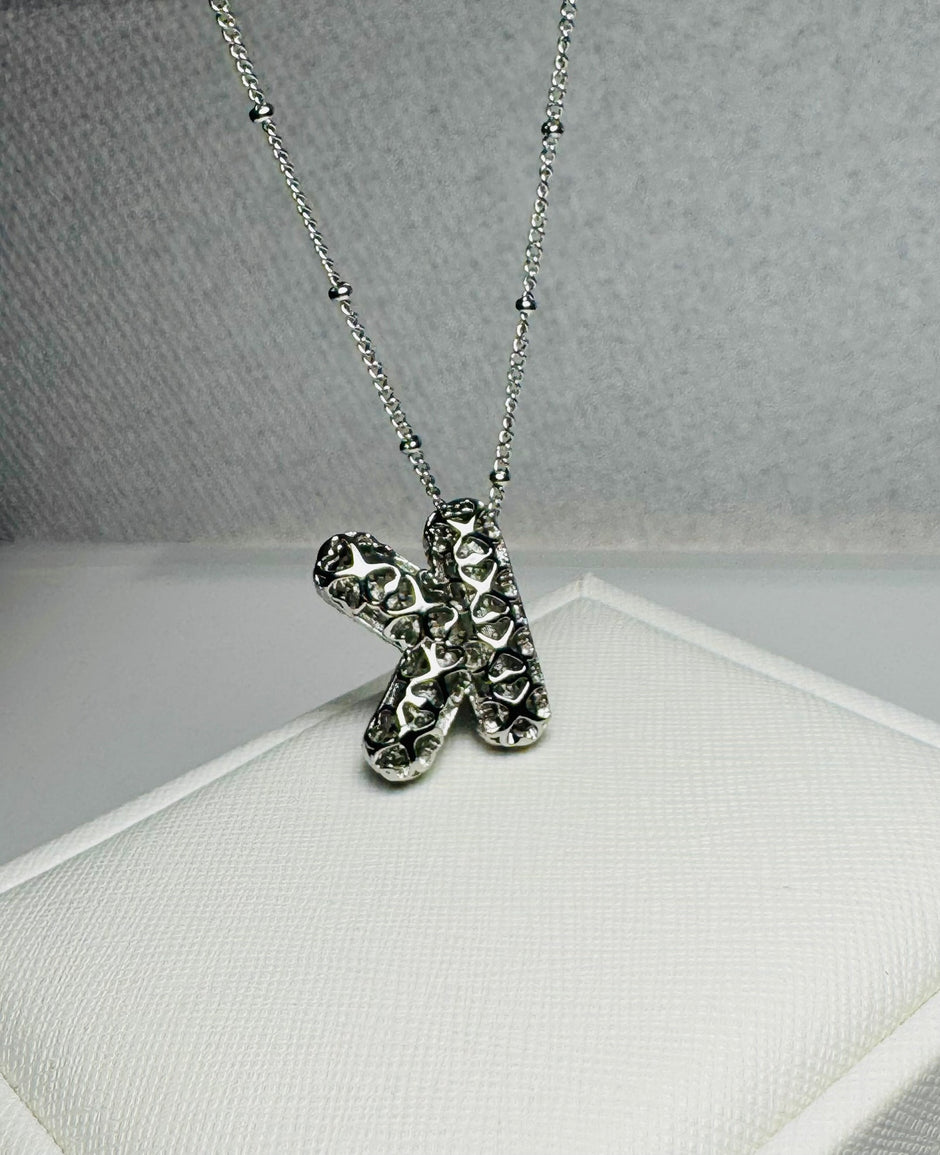 Sparkling Cubic Zirconia Bubble Letter Necklace in Silver Plating
