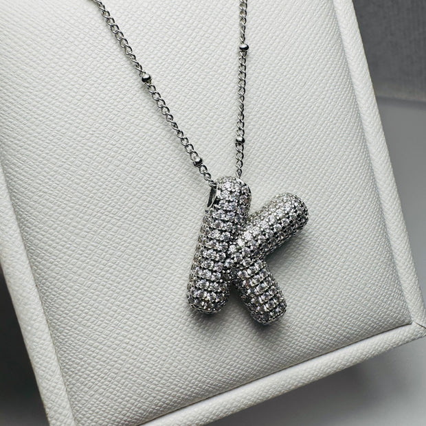 Sparkling Cubic Zirconia Bubble Letter Necklace in Silver Plating
