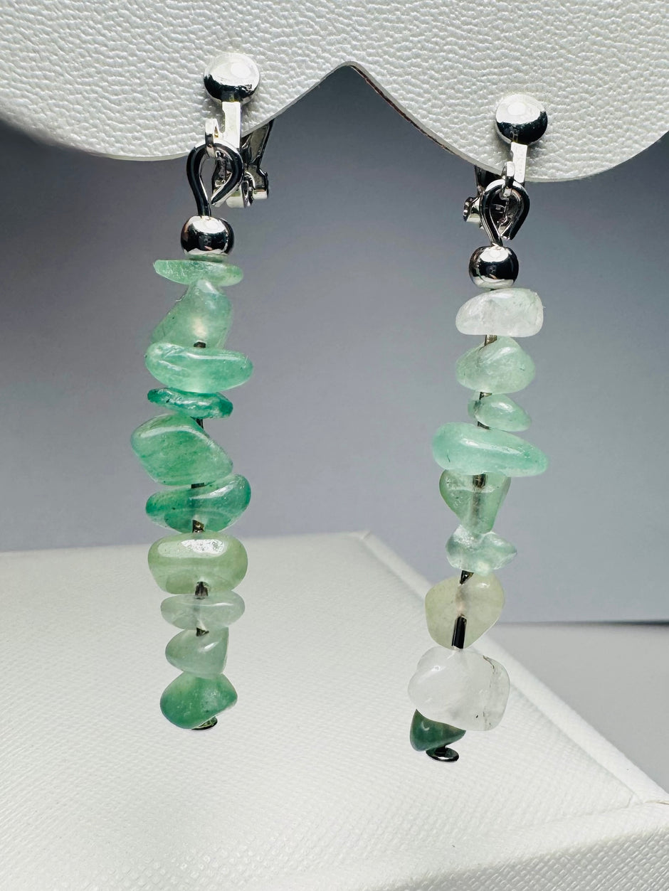 Elegant 4.5cm Natural Green Aventurine Gemstone Clip-On Drop Earrings