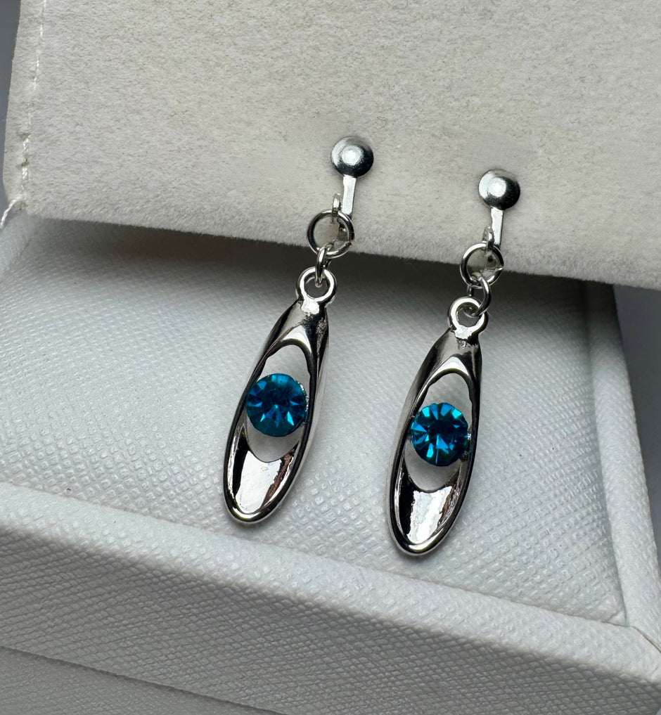 Elegant Silver-Tone Hollow Teardrop Blue Crystal Clip-On Drop Earrings