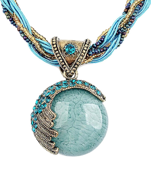 Vintage Bohemian Style Turquoise Rhinstone Pendant Necklace