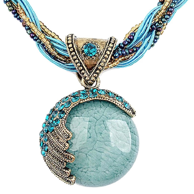 Vintage Bohemian Turquoise Rhinestone Pendant Necklace – Boho Bead Chain