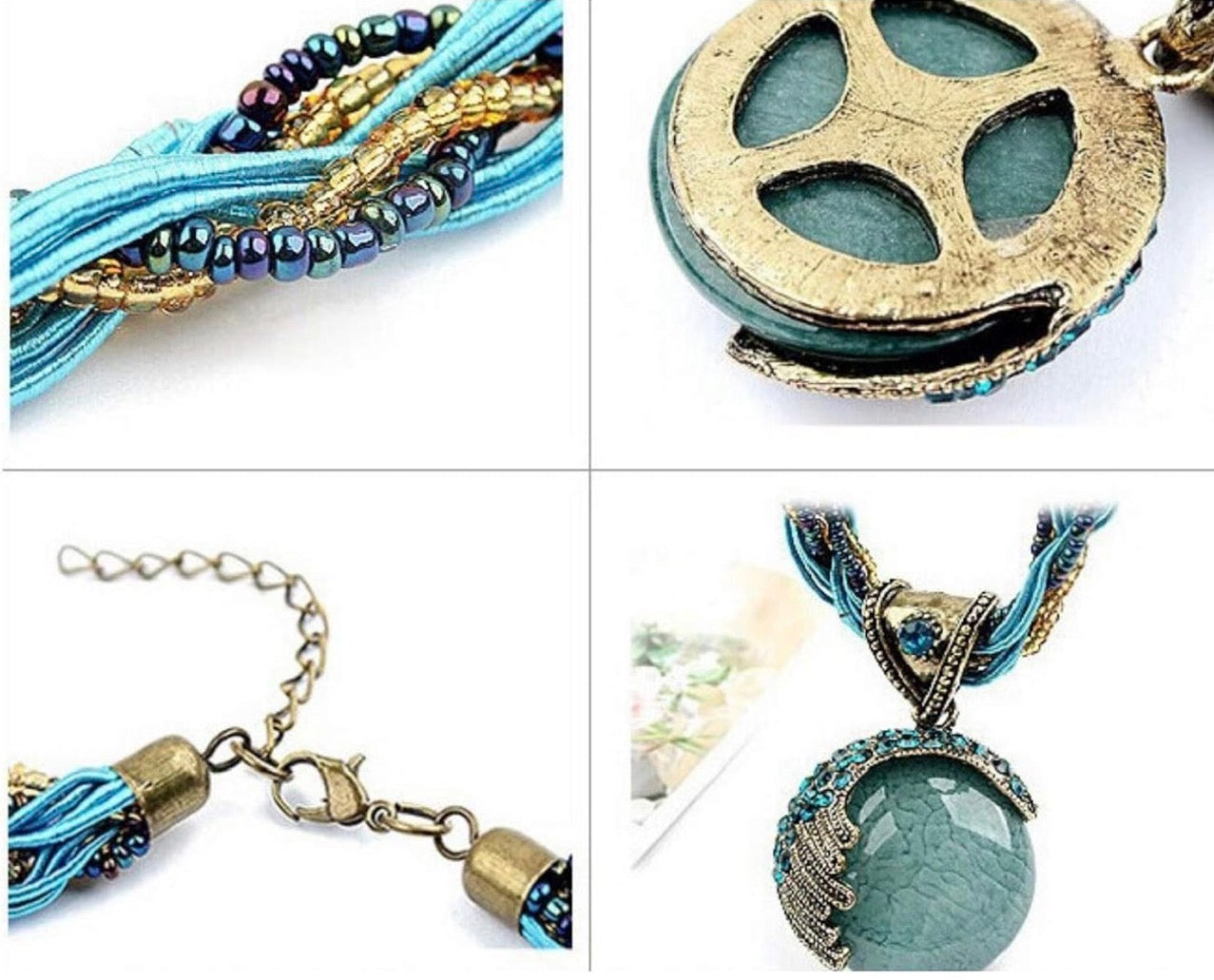 Vintage Bohemian Style Turquoise Rhinstone Pendant Necklace