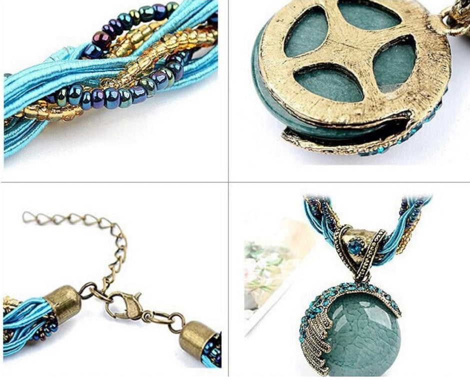 Vintage Bohemian Turquoise Rhinestone Statement Pendant Necklace