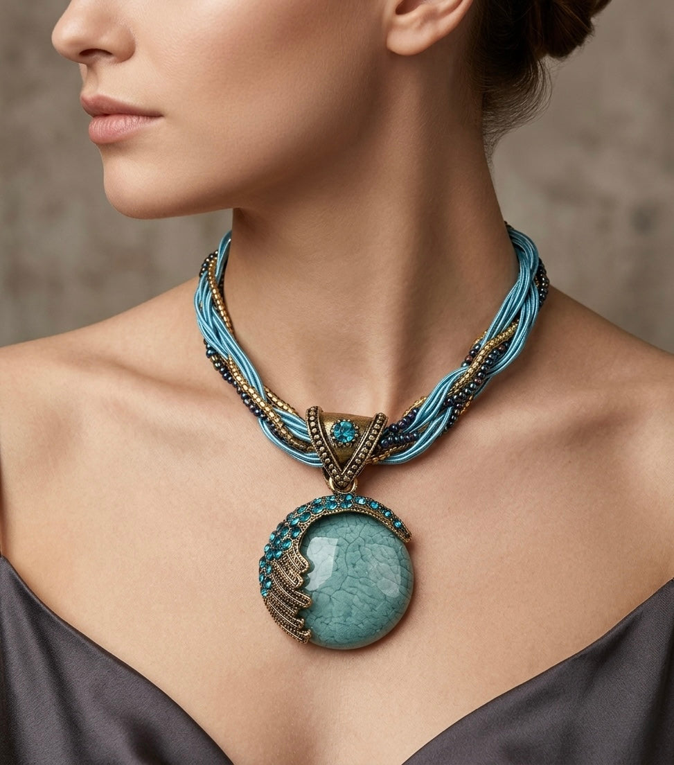 Vintage Bohemian Style Turquoise Rhinstone Pendant Necklace