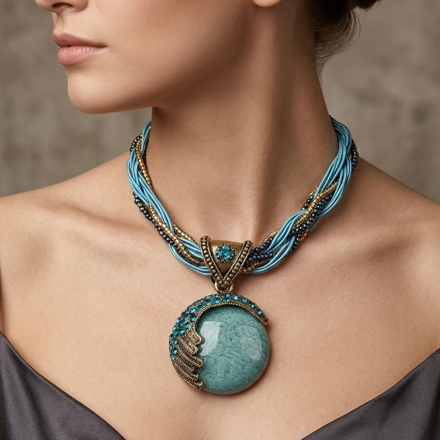 Vintage Bohemian Turquoise Rhinestone Pendant Necklace – Boho Bead Chain
