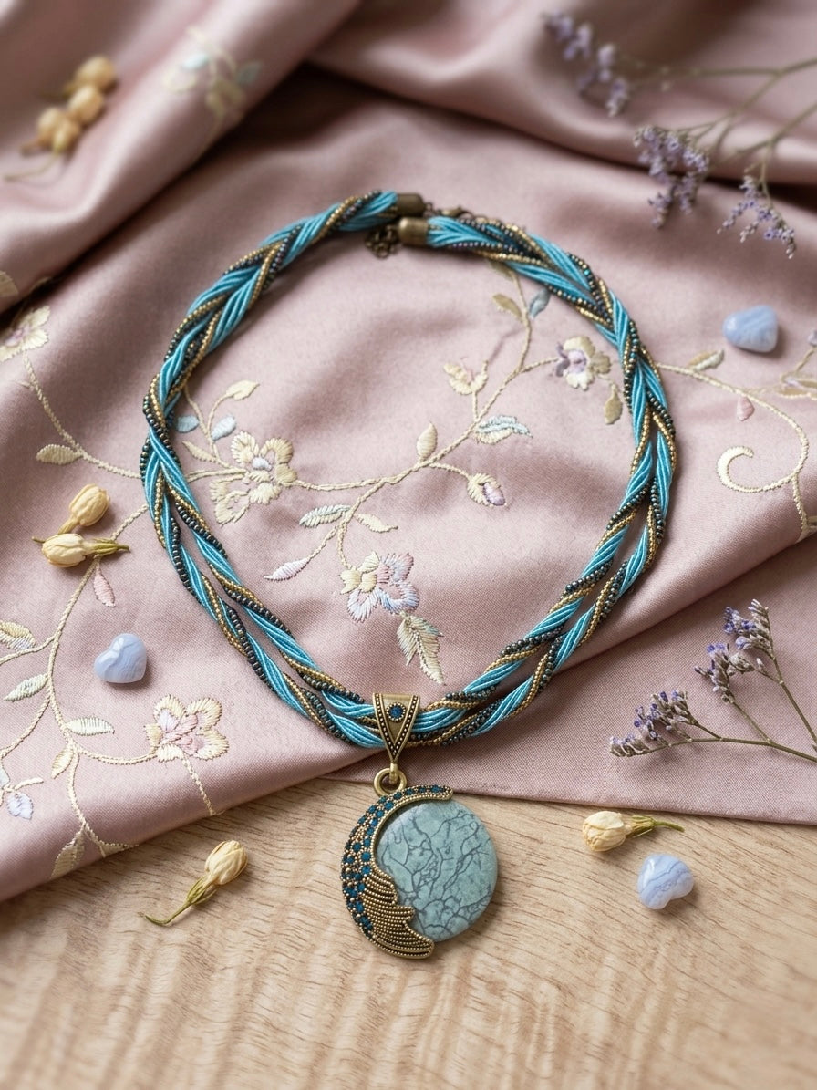 Vintage Bohemian Style Turquoise Rhinstone Pendant Necklace