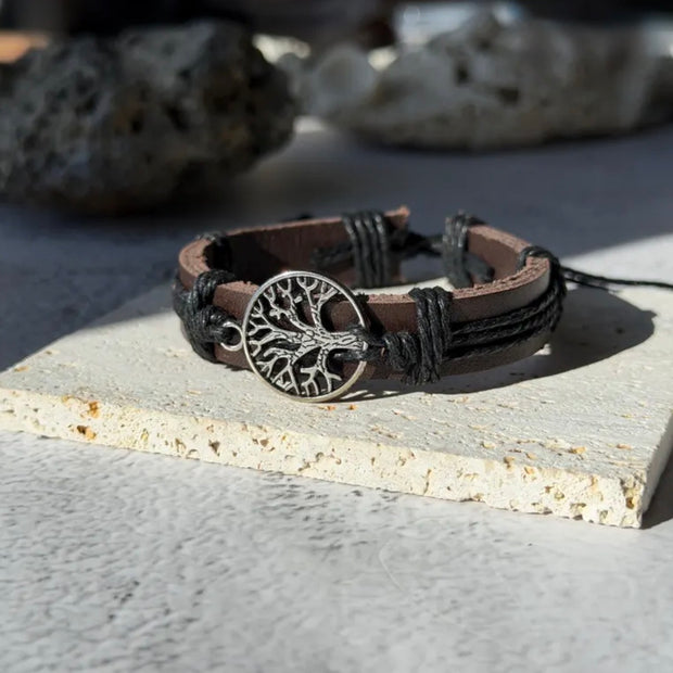 Handcrafted Leather & Rope Braided Bracelet with Tree of Life Pendant