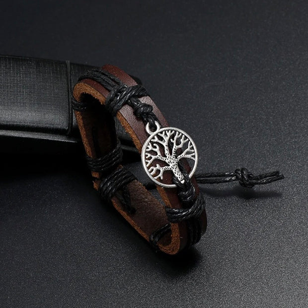 Handcrafted Leather & Rope Braided Bracelet with Tree of Life Pendant