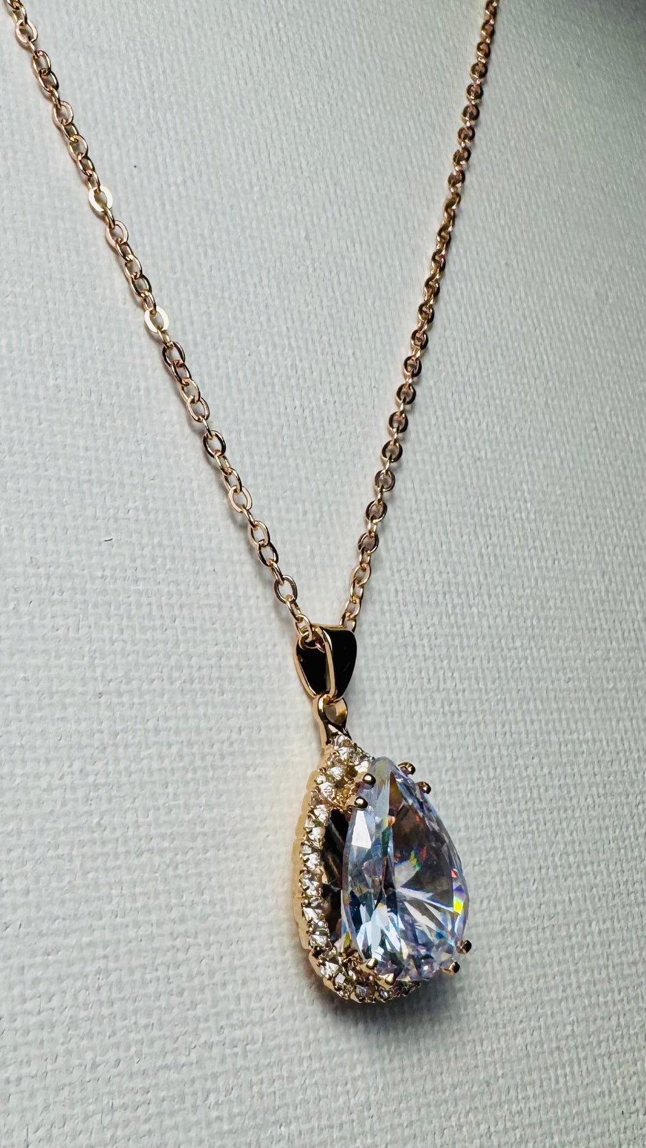 Sparkling Crystal Teardrop Halo Necklace – 14K Gold Plated Pendant